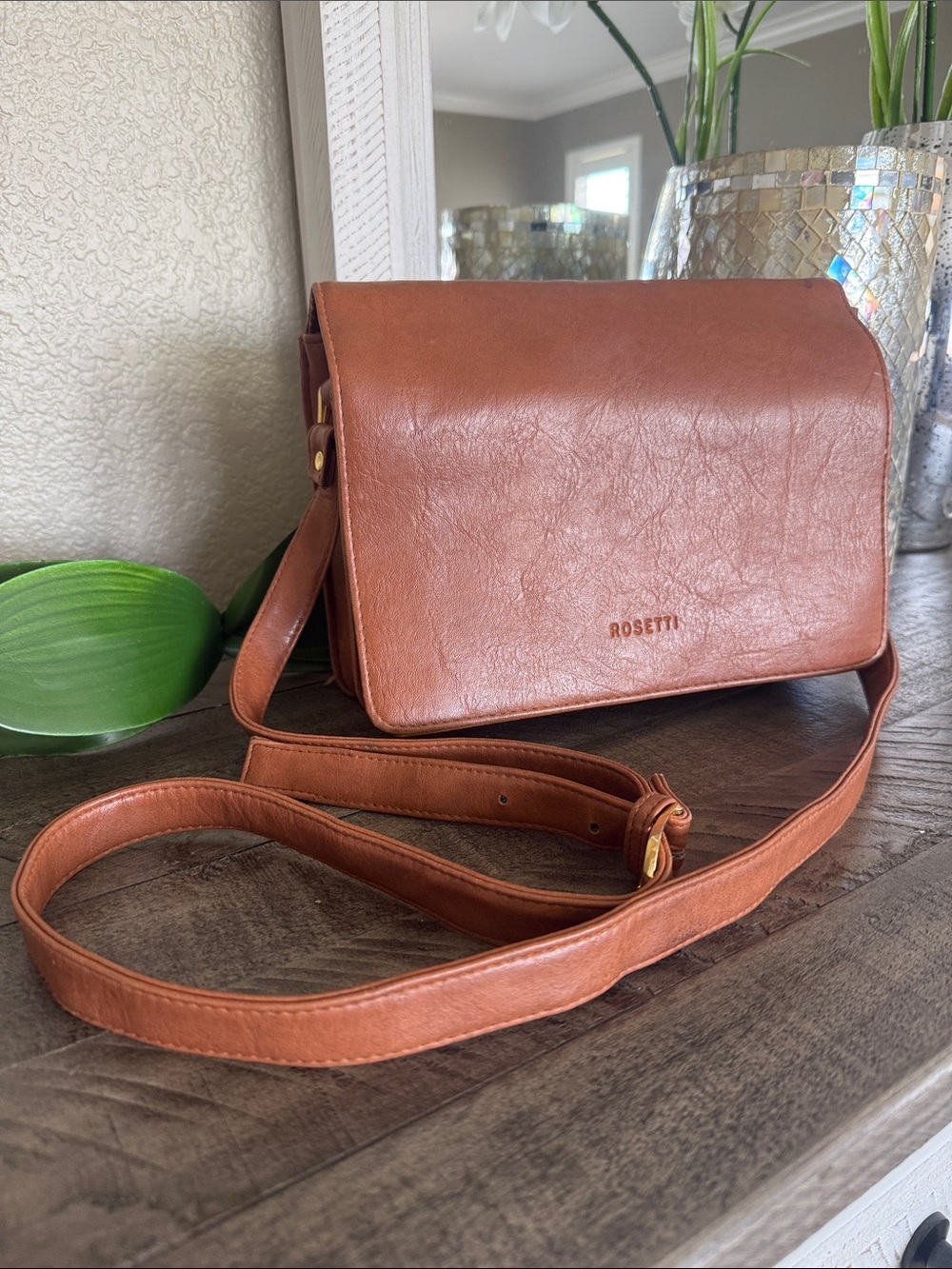 Rosetti Tan Faux Leather Flap Crossbody Bag